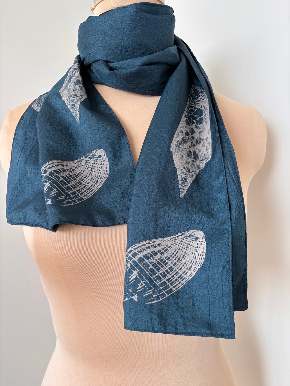 Hand-Stenciled Oversized Seashell Taffeta Scarf Deep Ocean Teal Wearable Art